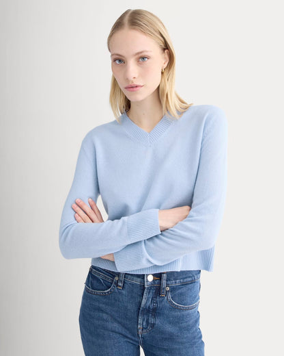 Cashmere Cropped High-V Sweater | Open Air Blue
