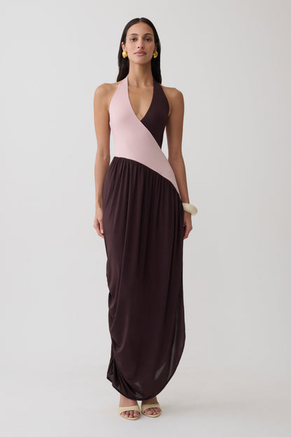 Nari Halter Gathered Maxi Dress - Muted Pink/Dark Chocolate