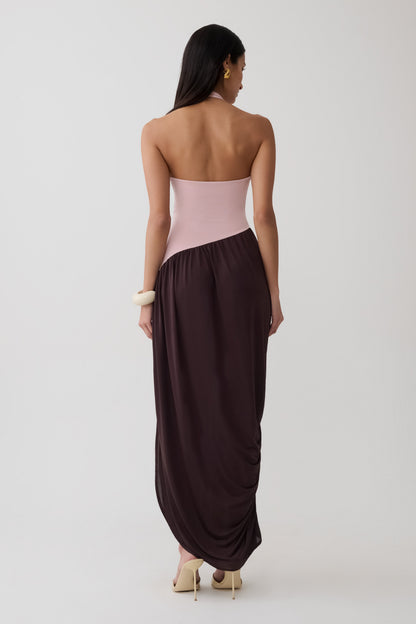 Nari Halter Gathered Maxi Dress - Muted Pink/Dark Chocolate