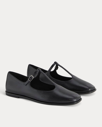 The Leather T-Strap Flat | Black