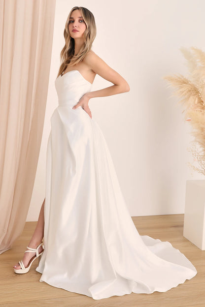 Lifetime of Love White Satin Strapless A-Line Gown