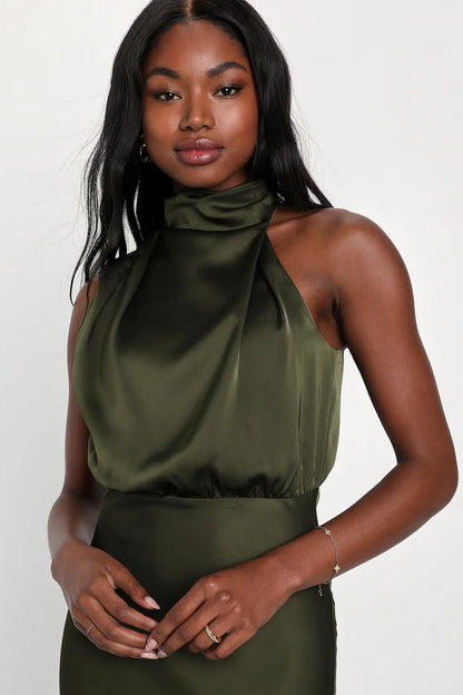 Distinctive Charm Satin Asymmetrical Midi Dress