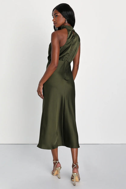 Distinctive Charm Satin Asymmetrical Midi Dress