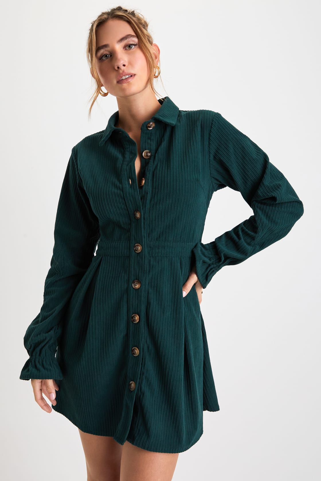 Autumn Mood Emerald Corduroy Mini Dress With Pockets