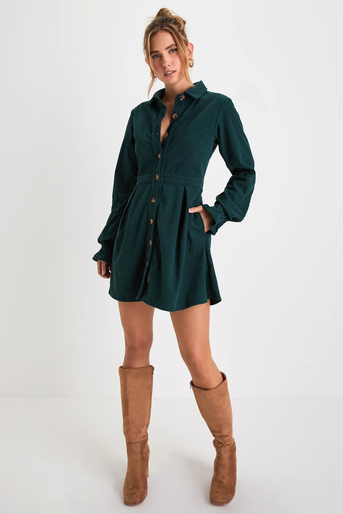 Autumn Mood Emerald Corduroy Mini Dress With Pockets | Tangel Top