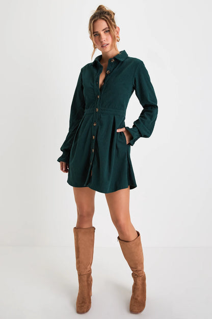 Autumn Mood Emerald Corduroy Mini Dress With Pockets | Tangel Top