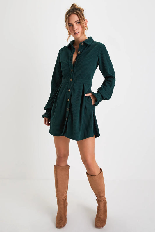 Autumn Mood Emerald Corduroy Mini Dress With Pockets | Tangel Top