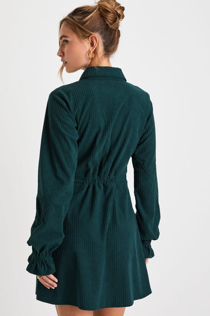 Autumn Mood Emerald Corduroy Mini Dress With Pockets