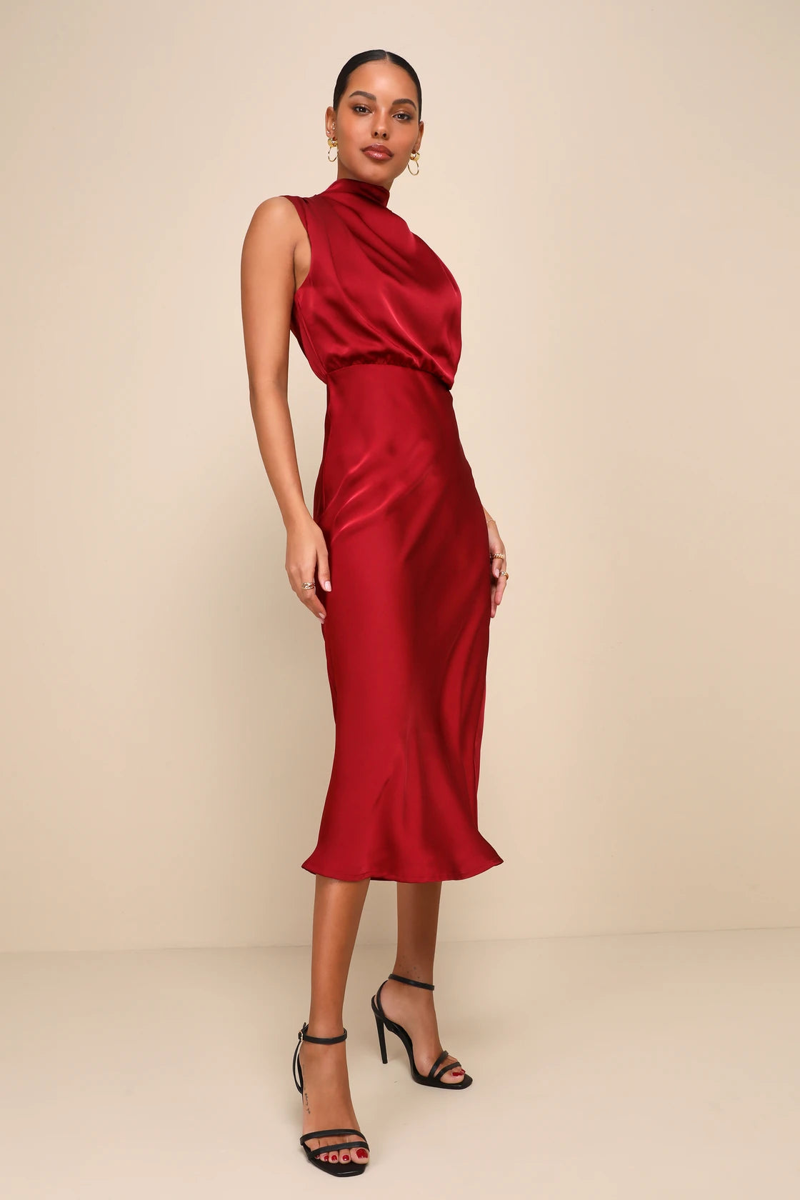 Distinctive Charm Satin Asymmetrical Midi Dress