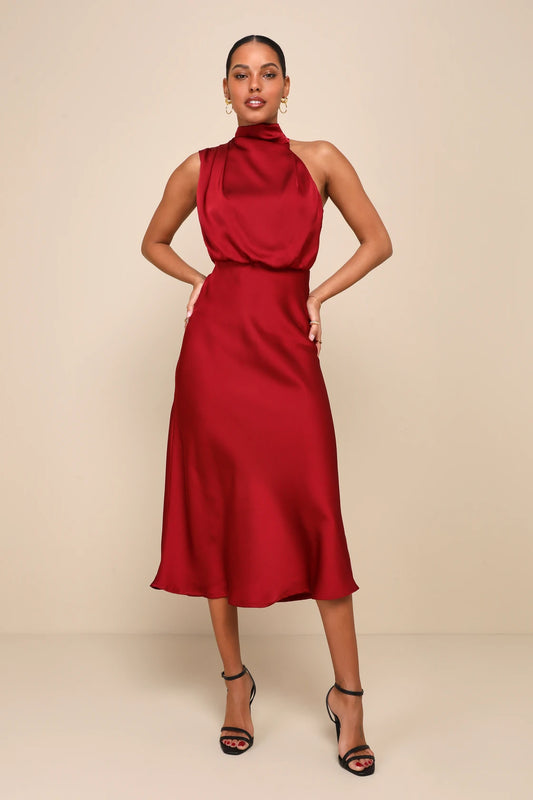 Distinctive Charm Satin Asymmetrical Midi Dress | Tangel Top