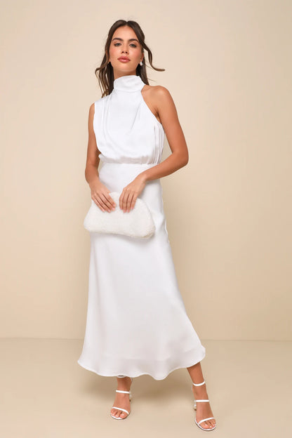 Distinctive Charm Satin Asymmetrical Midi Dress