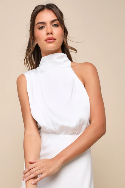 Distinctive Charm Satin Asymmetrical Midi Dress