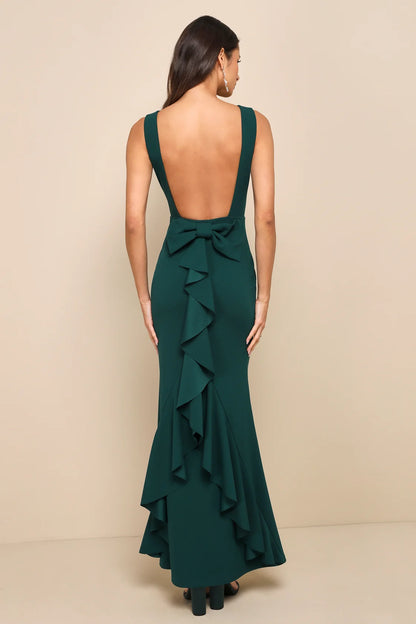 Exquisite Refinement Black Backless Bow Ruffled Maxi Dress