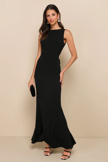 Exquisite Refinement Black Backless Bow Ruffled Maxi Dress | Tangel Top