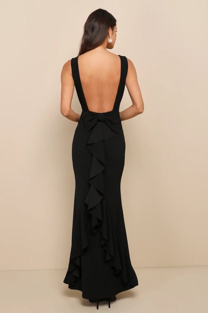 Exquisite Refinement Black Backless Bow Ruffled Maxi Dress