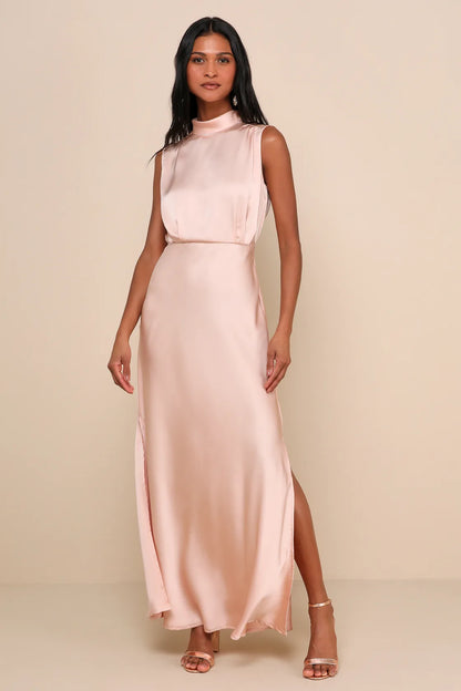 Classic Elegance Satin Sleeveless Mock Neck Maxi Dress