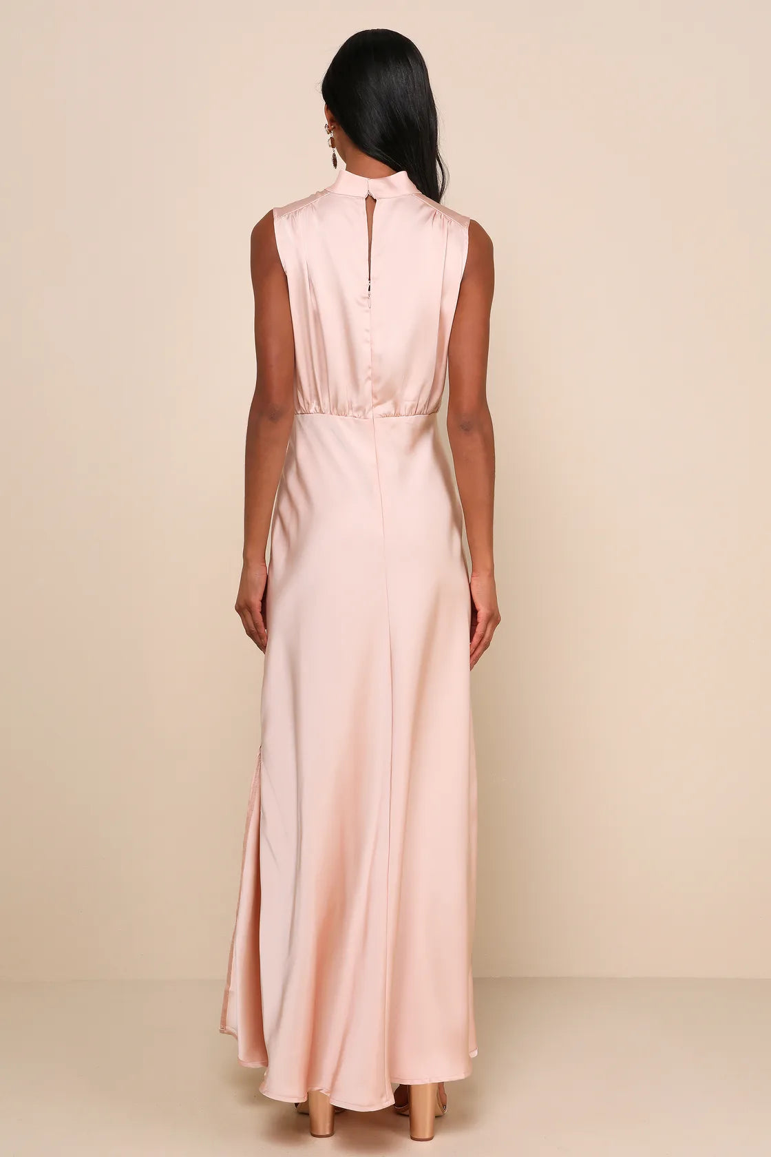 Classic Elegance Satin Sleeveless Mock Neck Maxi Dress