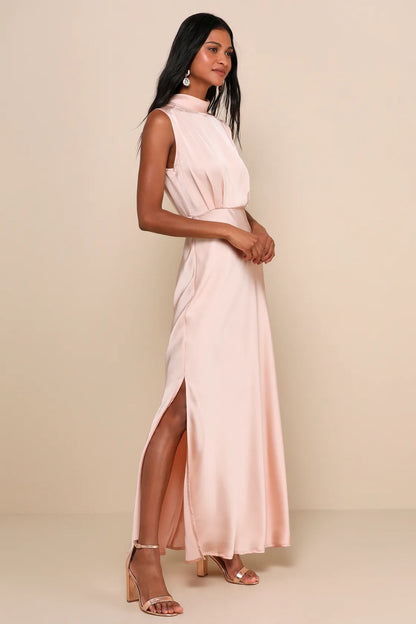 Classic Elegance Satin Sleeveless Mock Neck Maxi Dress