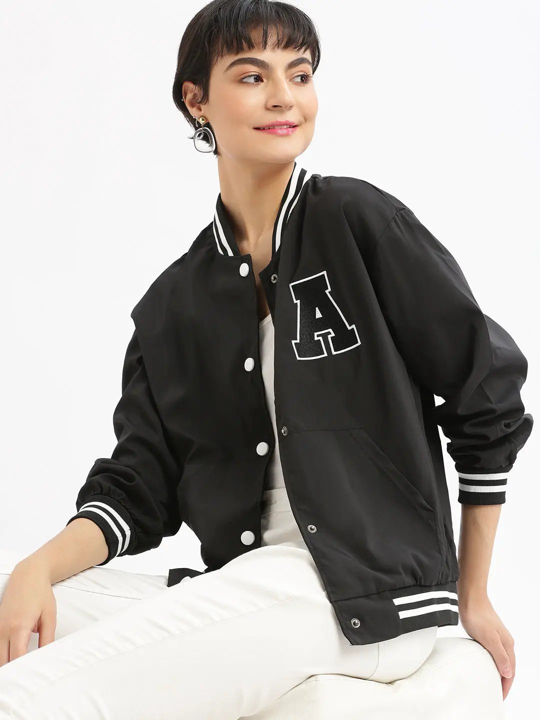 Women's Black Windcheater Crop Bomber Jacket