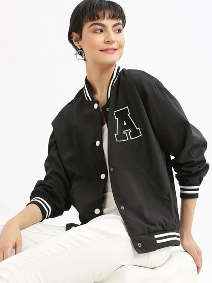 Women's Black Windcheater Crop Bomber Jacket