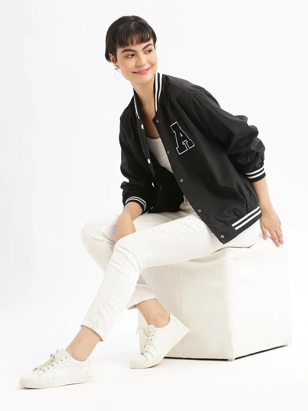 Women's Black Windcheater Crop Bomber Jacket