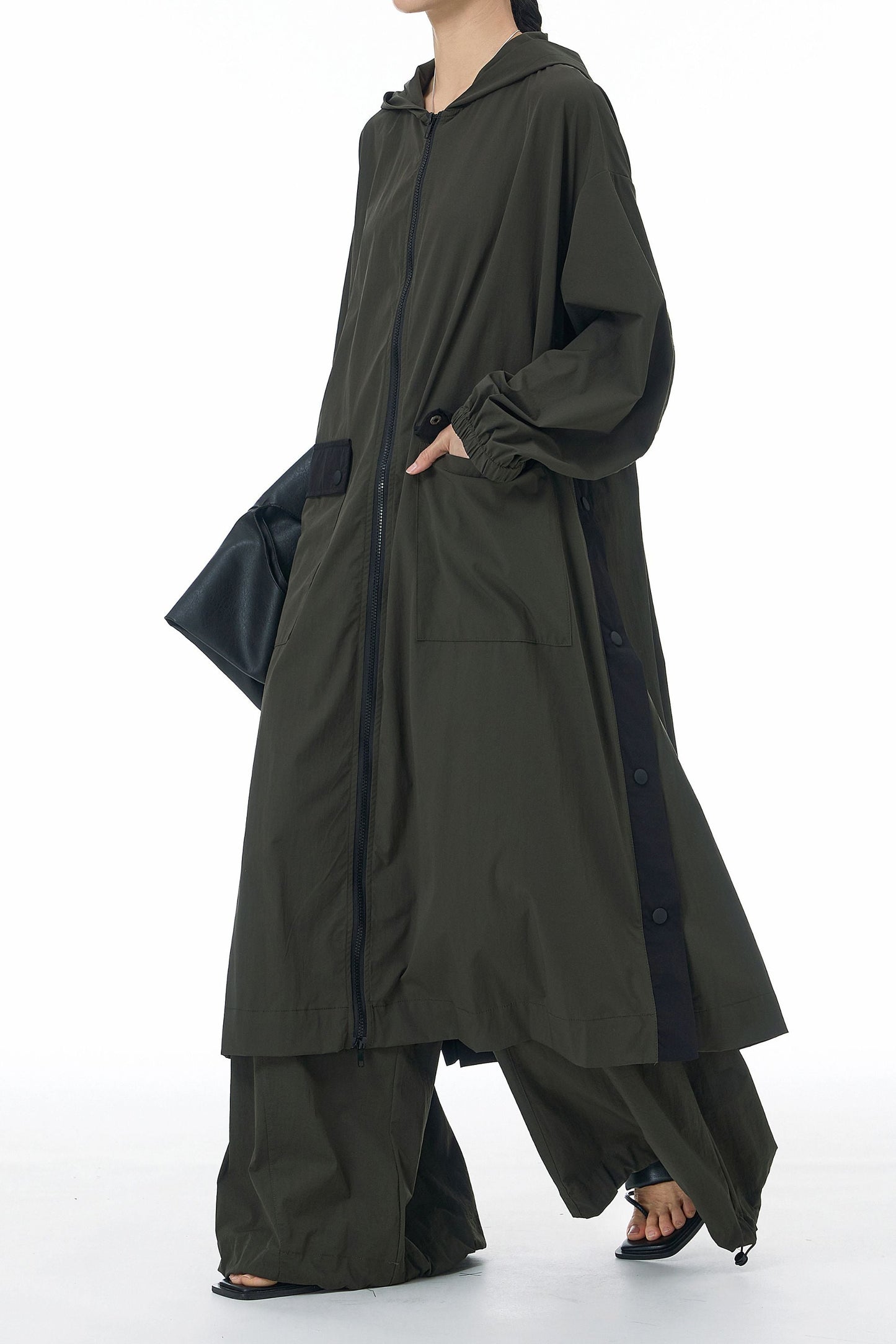 SnapHood Green Zippered Trench Coat