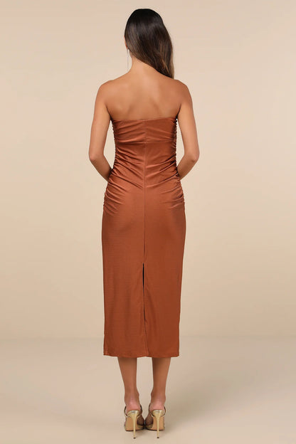 Gorgeous Reputation Dark Green Strapless Ruched Midi Dress