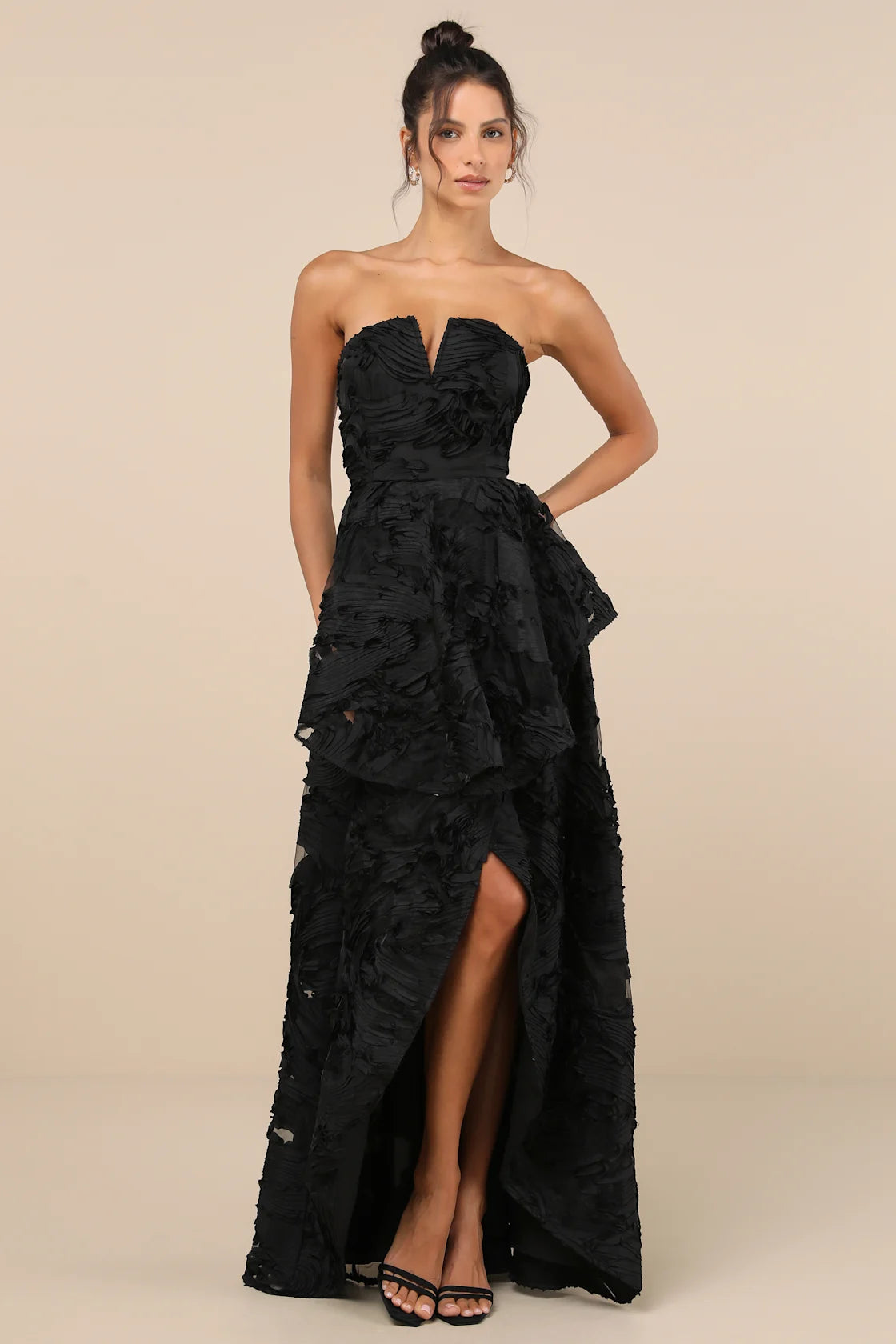 Majestic Glam Black Strapless Textured High-Low Maxi Dress