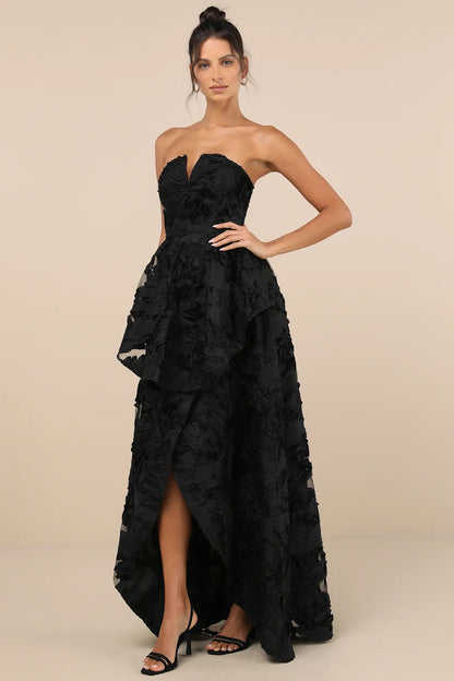 Majestic Glam Black Strapless Textured High-Low Maxi Dress | Tangel Top