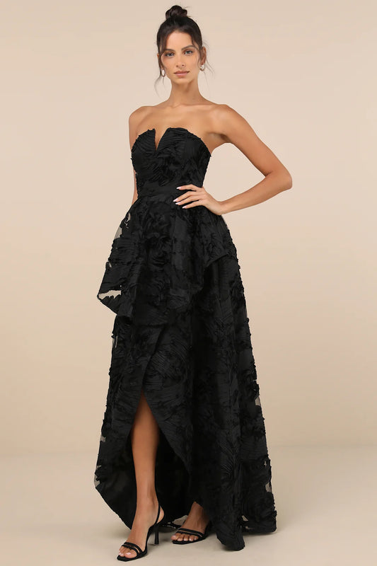 Majestic Glam Black Strapless Textured High-Low Maxi Dress | Tangel Top