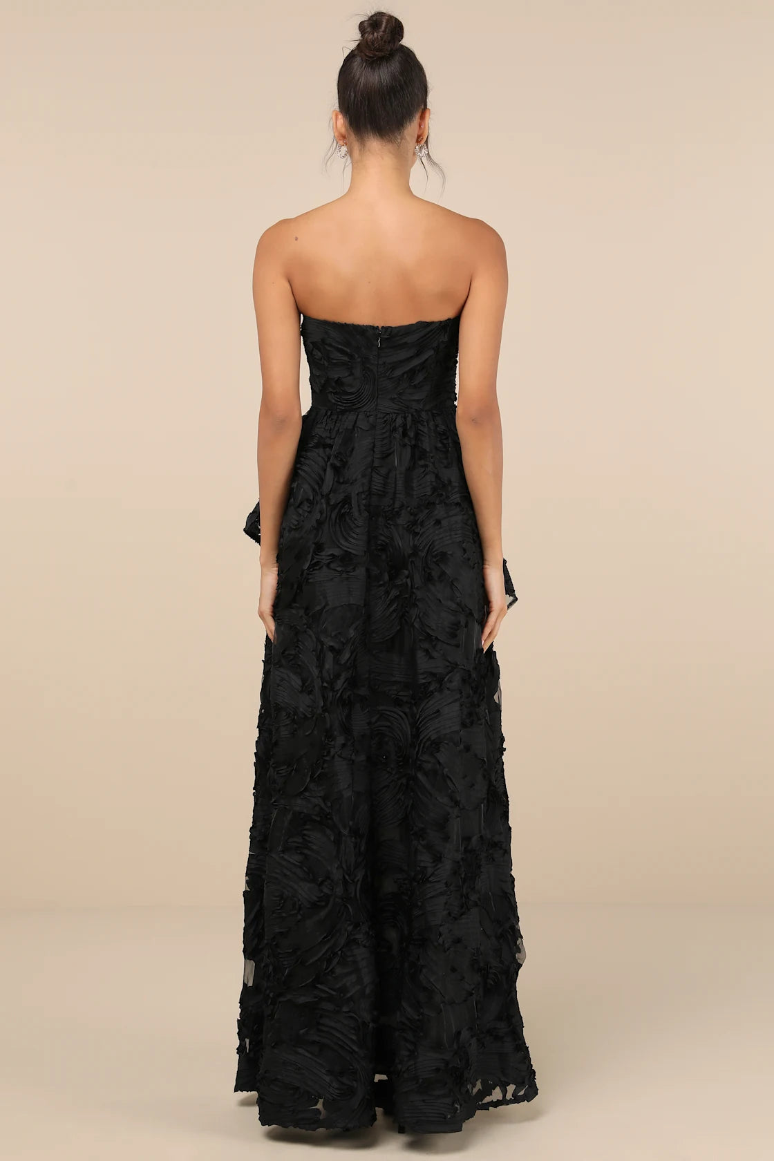 Majestic Glam Black Strapless Textured High-Low Maxi Dress