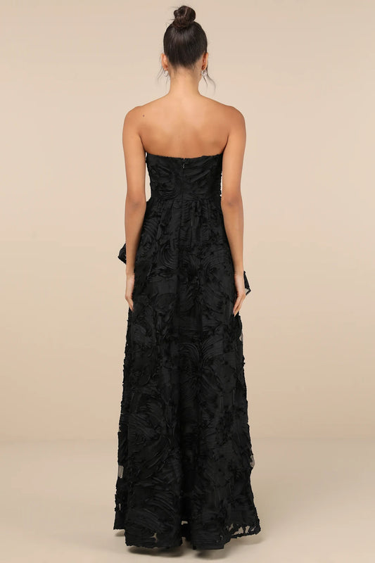Majestic Glam Black Strapless Textured High-Low Maxi Dress