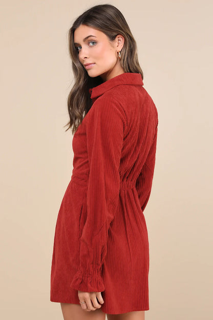 Autumn Mood Emerald Corduroy Mini Dress With Pockets