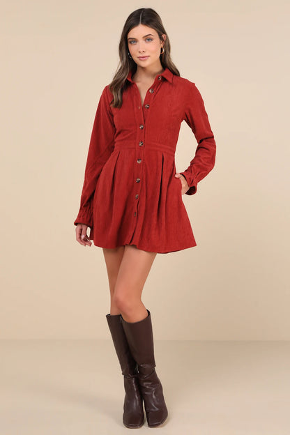 Autumn Mood Emerald Corduroy Mini Dress With Pockets