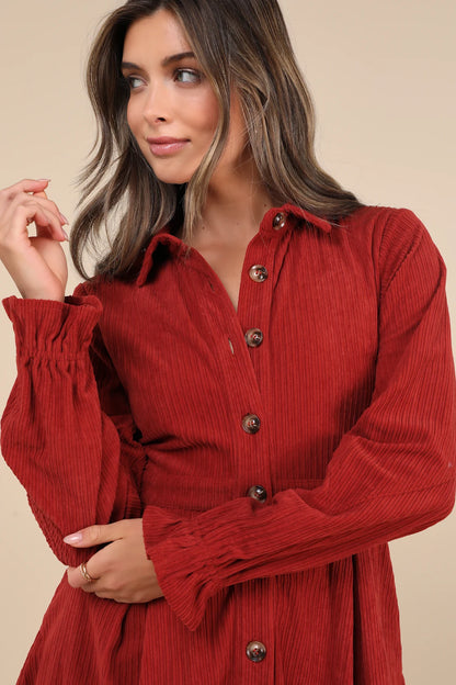 Autumn Mood Emerald Corduroy Mini Dress With Pockets