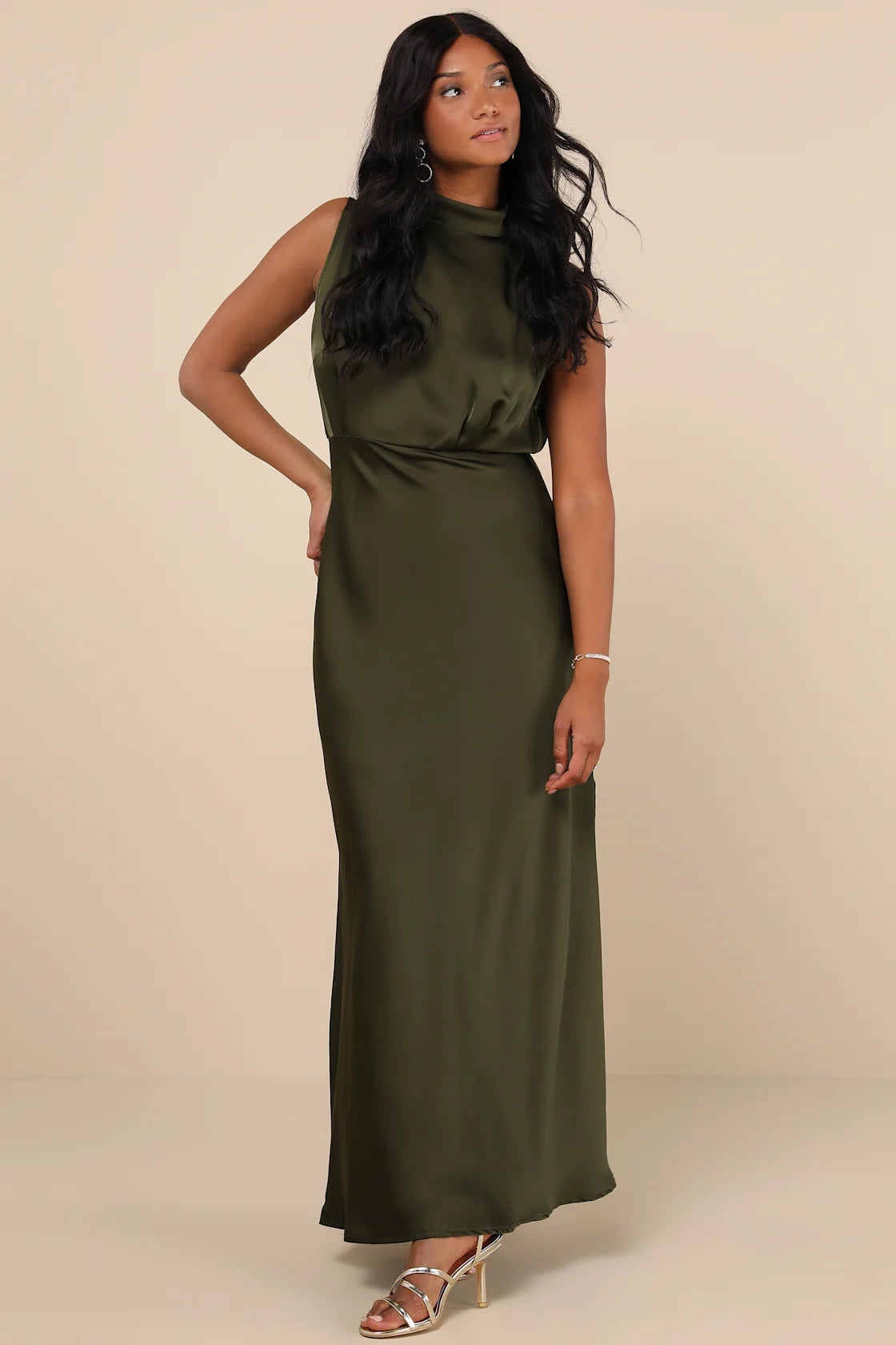 Classic Elegance Satin Sleeveless Mock Neck Maxi Dress