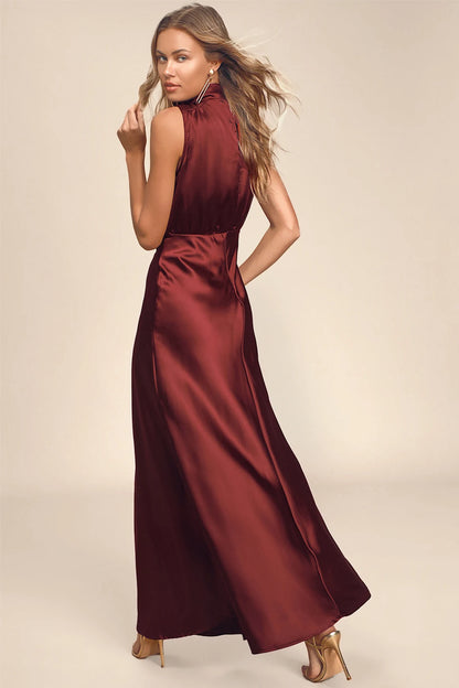 Classic Elegance Satin Sleeveless Mock Neck Maxi Dress