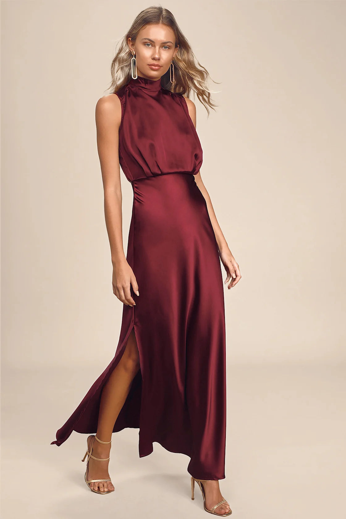 Classic Elegance Satin Sleeveless Mock Neck Maxi Dress