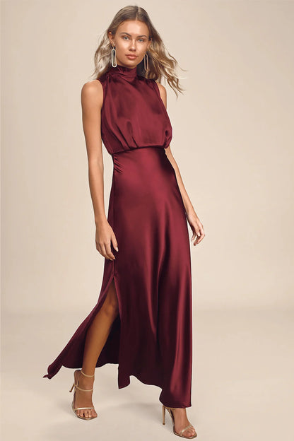 Classic Elegance Satin Sleeveless Mock Neck Maxi Dress