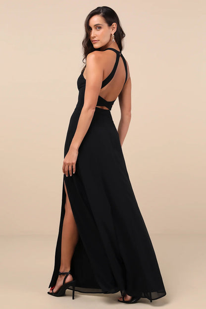 Confidently Charismatic Black Backless Halter Maxi Dress