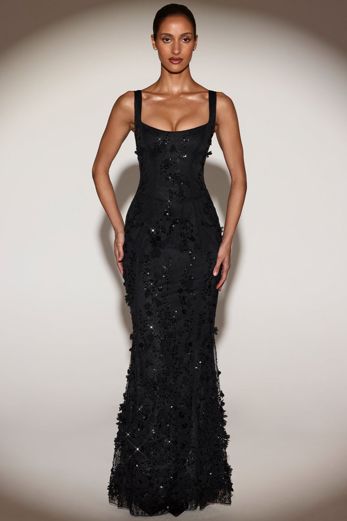 Embellished Appliqué Soft-Scoop Corset Gown in Black