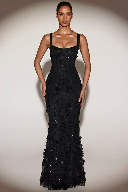 Embellished Appliqué Soft-Scoop Corset Gown in Black