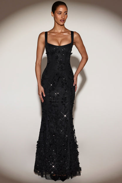 Embellished Appliqué Soft-Scoop Corset Gown in Black