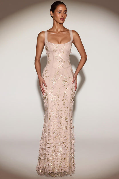 Embellished Appliqué Soft-Scoop Corset Gown in Sand