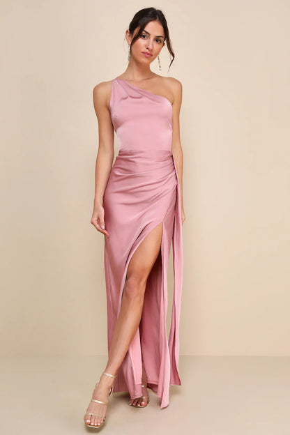 Signature Elegance Satin One-Shoulder Maxi Dress | Tangel Top