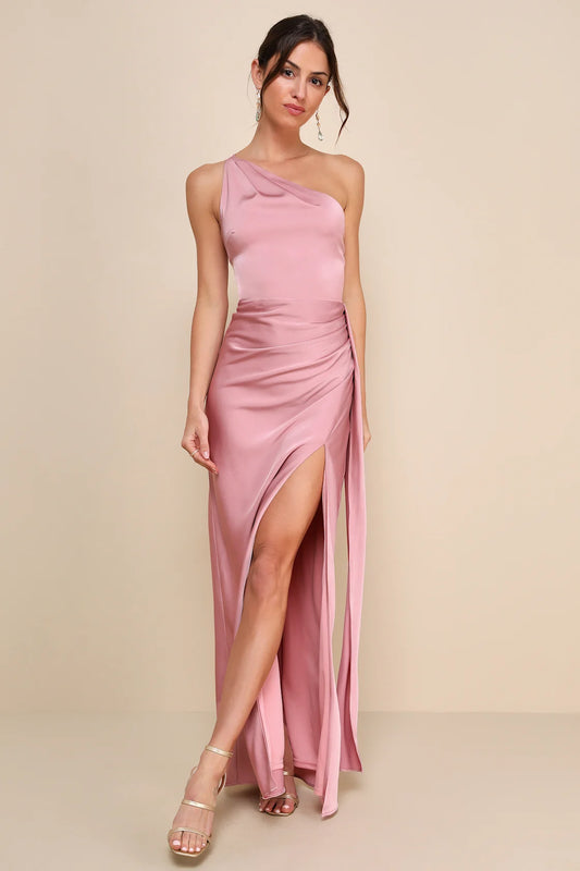 Signature Elegance Satin One-Shoulder Maxi Dress | Tangel Top
