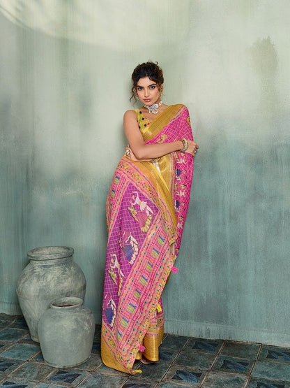 Linen Printed Saree with Zari Border