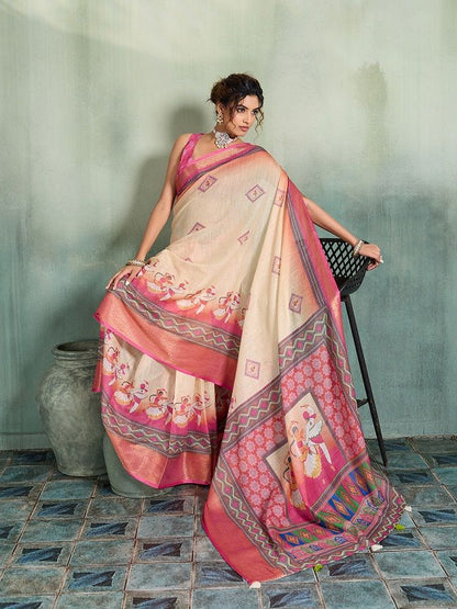 Linen Printed Saree with Zari Border
