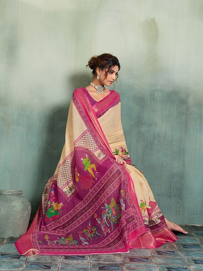 Linen Printed Saree with Zari Border