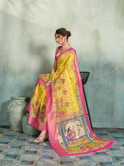 Linen Printed Saree with Zari Border